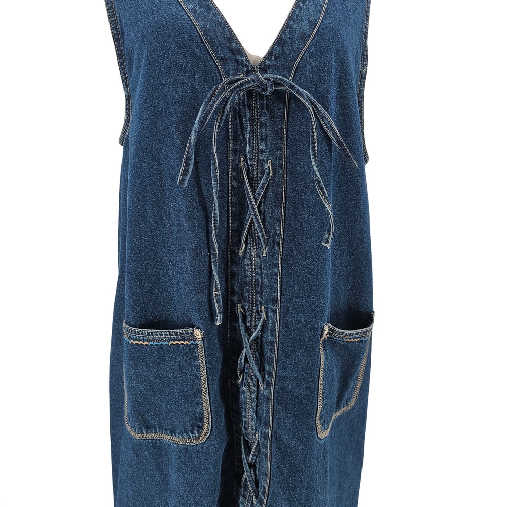 90s Y2K Denim Jumper Maxi Dress L Blue Lace Up Embroidered Cottagecore Modest - Picture 3 of 11